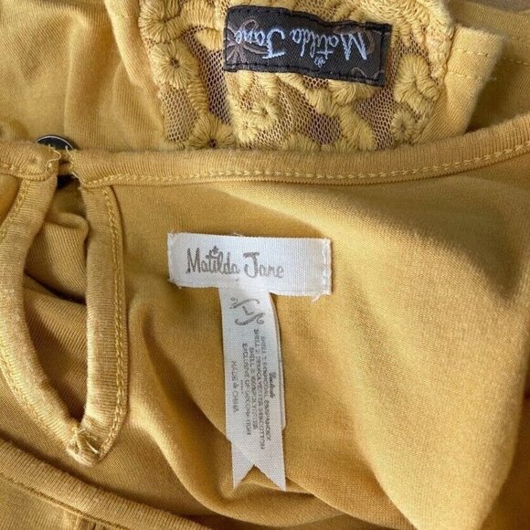 Matilda Jane Mustard Bocce Ball Lace Accent Flounce Short Sleeve Top Cottagecore - Picture 4 of 5